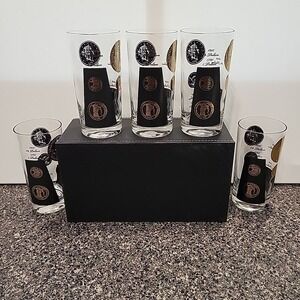 VINTAGE Cera Barware MCM Tumbler Glasses Black‎ Gold American Coin Set of 5 12oz